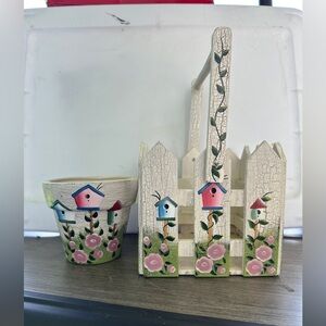 Cottage Wooden Picket Fence Basket with Terracotta Painted Pot Birdhouse Theme